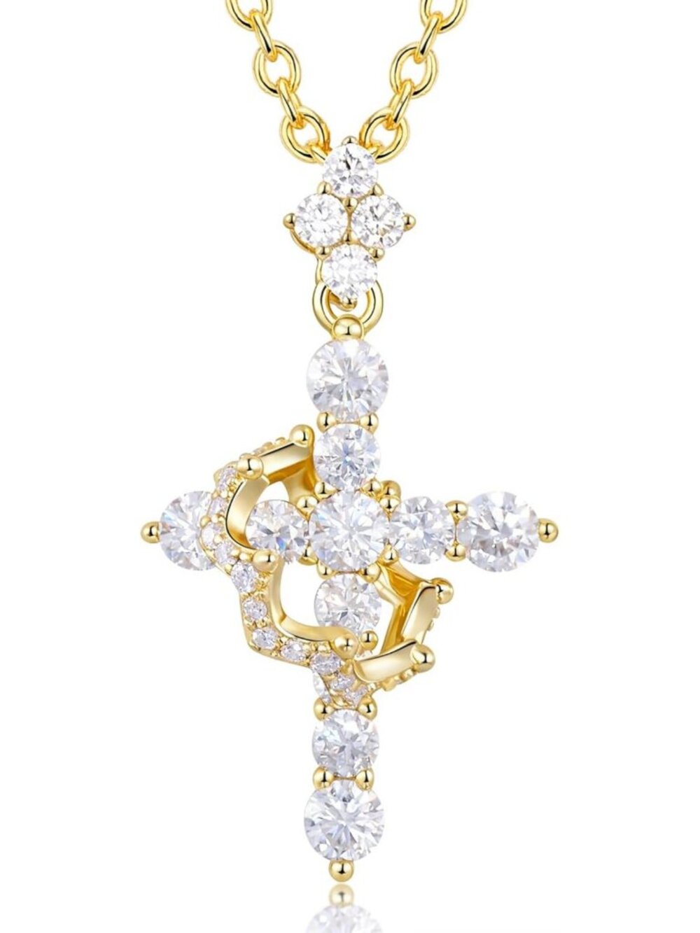 Elegant Moissanite Cross Necklace with Crown Design in Sterling Silver for Women